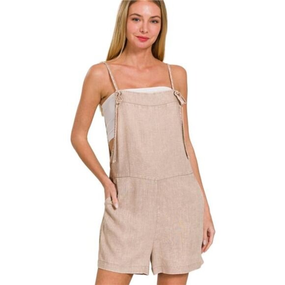 Zenana Washed Linen Knot Strap Rompers - Picture 1 of 3